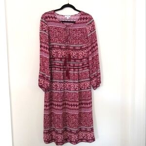 Luxology Maroon / Pink  Casual Long Sleeve Flowy Sundress Boho Paisley Floral Lg